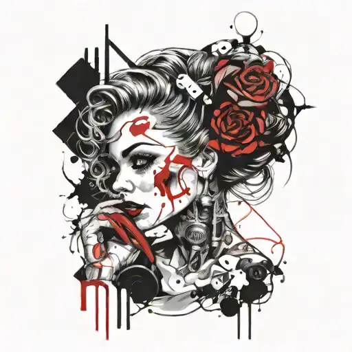 gothic pin up girl with fine lines integrated into a blackout tattoo design idea