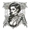 gothic pin up girl with fine lines integrated into a blackout tattoo design idea