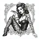 gothic pin up girl with fine lines integrated into a blackout tattoo design idea