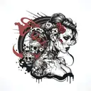gothic pin up girl with fine lines integrated into a blackout tattoo design idea
