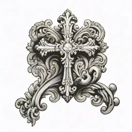 cross with baroque background black tattoo design idea