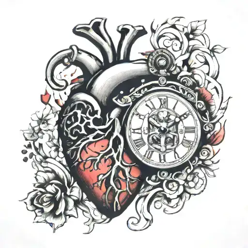 anatomical heart and clock tattoo design idea