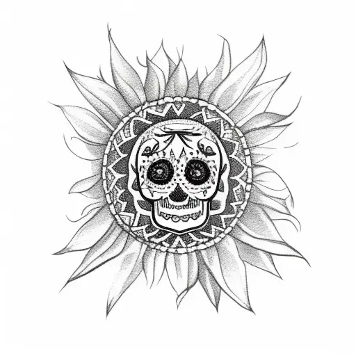 sunflower dreamcatcher with sugar skull tattoo design idea