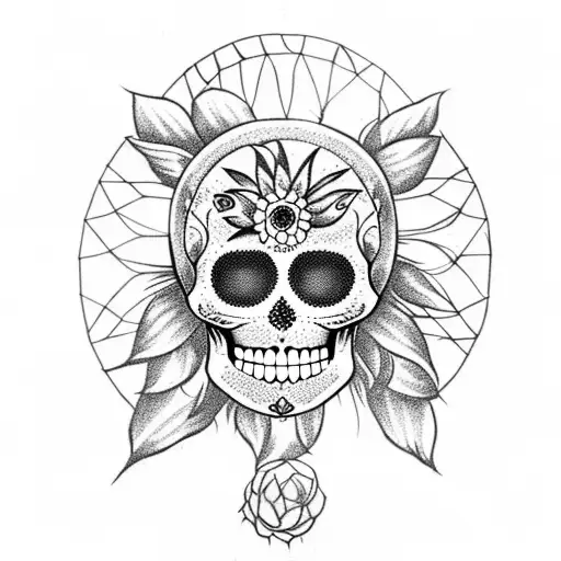 sunflower dreamcatcher with sugar skull tattoo design idea