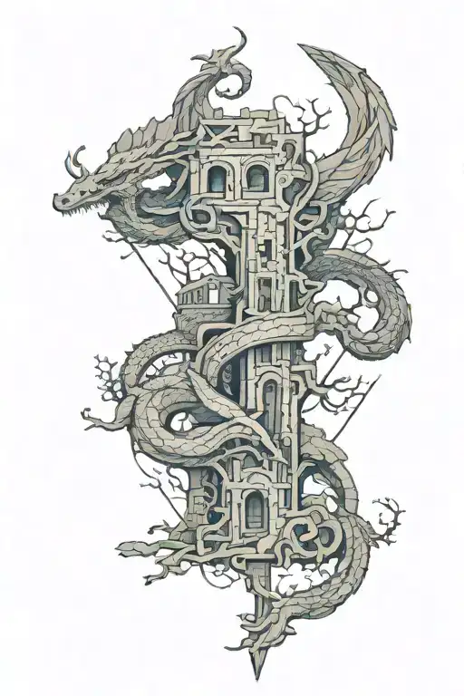 Yygdrasil and long dragon flying wraping ruins tattoo design idea