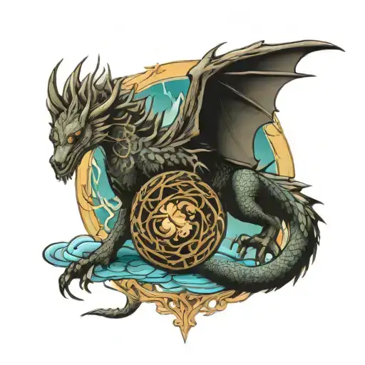 Yygdrasil and dragon flying tattoo design idea