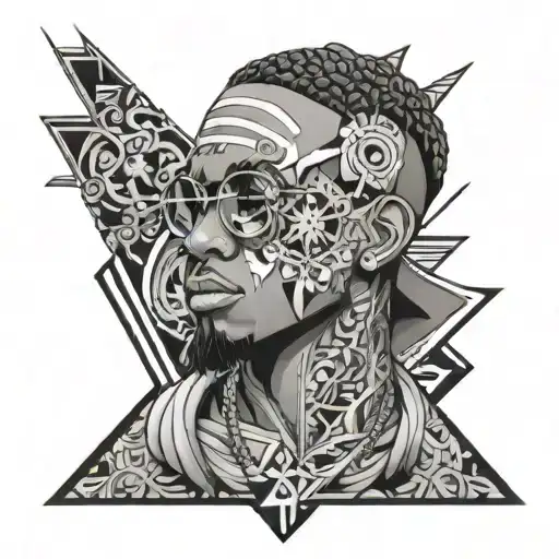 An anime-inspired tattoo design of a rapper with complex geometric patterns and floral accents tattoo design idea