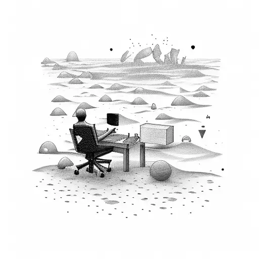 A surreal scene of a lonely figure sitting on a beach, surrounded by computer monitors displaying online gaming interfaces tattoo design idea