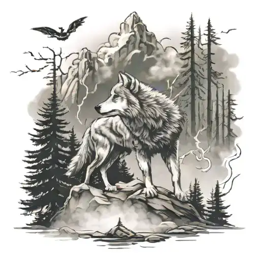 wolf on mountain howling at moon with lightning an fog. forest an river flowing tattoo design idea