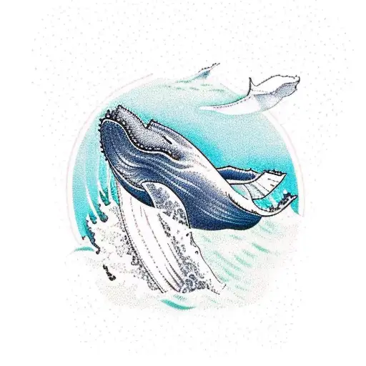 A traditional tattoo design of a humpback whale breaching in front of the island of Maui tattoo design idea