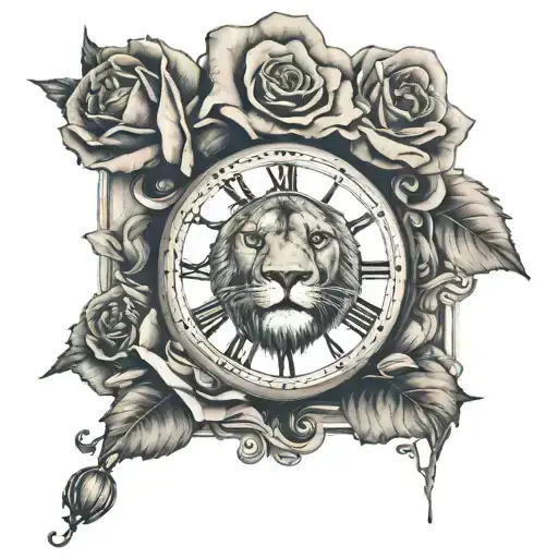 Lion broken clock rose  tattoo design idea