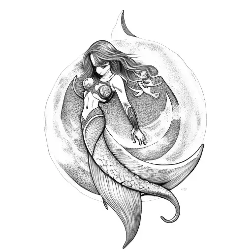 Black And Grey Mermaid Moon Tattoo Idea Blackink Ai 8038