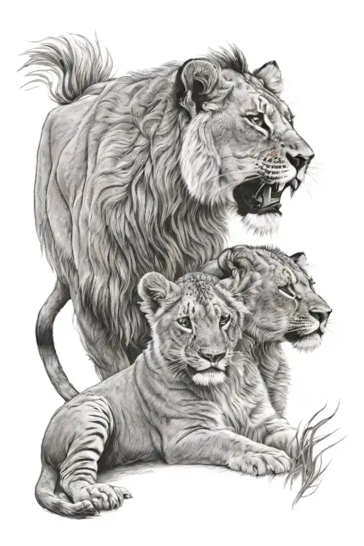 2 lionesses one lion cub tattoo design idea