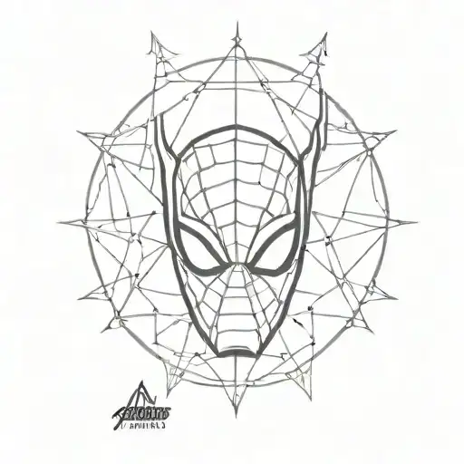 avengers logo with wanda maximoff crown, loki helmet and spiderman webs tattoo design idea