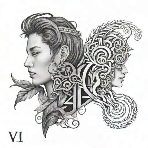 Imagine two minimalist faces side by side, each adorned with the Roman numeral "VI" (6) above one eye and "XI" (11) abov tattoo design idea