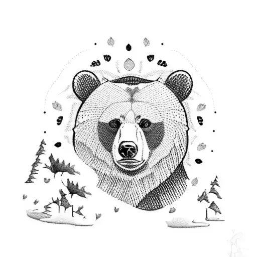 bear with butterfly and trees in the back tattoo design idea