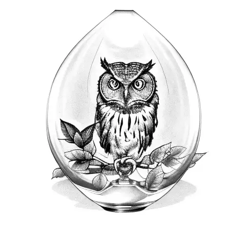 leg sleve with screech owl perched on an hourglass with jungle foliage and a snake hiding  tattoo design idea