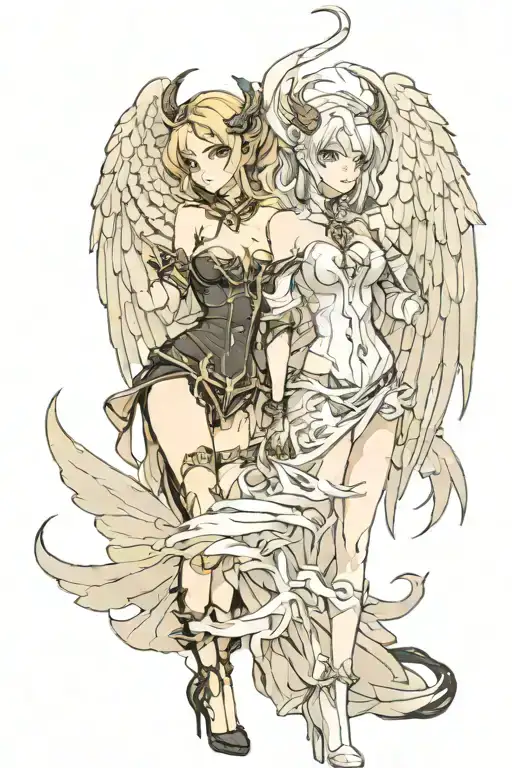 seductive female angel and female demon standing opposite one another tattoo design idea