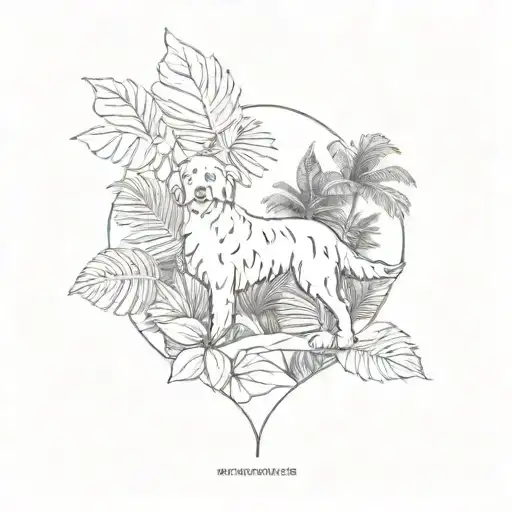 A minimalist tattoo design of a silhouette of your bernedoodle against a backdrop of tropical leaves, combining your love for your dog and tropical destinations tattoo design idea