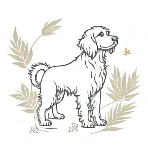 A minimalist tattoo design of a silhouette of your bernedoodle against a backdrop of tropical leaves, combining your love for your dog and tropical destinations tattoo design idea