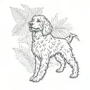 A minimalist tattoo design of a silhouette of your bernedoodle against a backdrop of tropical leaves, combining your love for your dog and tropical destinations tattoo design idea
