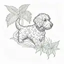 A minimalist tattoo design of a silhouette of your bernedoodle against a backdrop of tropical leaves, combining your love for your dog and tropical destinations tattoo design idea