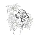 A minimalist tattoo design of a silhouette of your bernedoodle against a backdrop of tropical leaves, combining your love for your dog and tropical destinations tattoo design idea