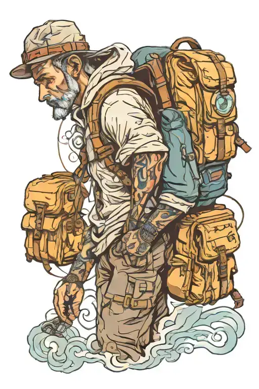 a unique tattoo of a man traveling with a backpack on his back with a beautiful future ahead of him  tattoo design idea