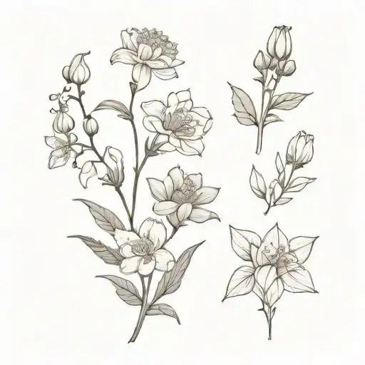 birth flower carnation, lily of valley, waterlily, larkspur, aster and holly tattoo design idea