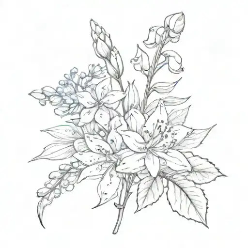 birth flower carnation, lily of valley, waterlily, larkspur, aster and holly tattoo design idea