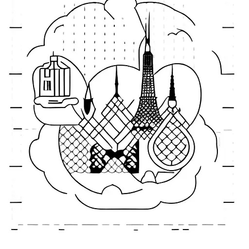 A dotwork tattoo featuring a city skyline with the Eiffel Tower and the London Eye as prominent landmarks tattoo design idea