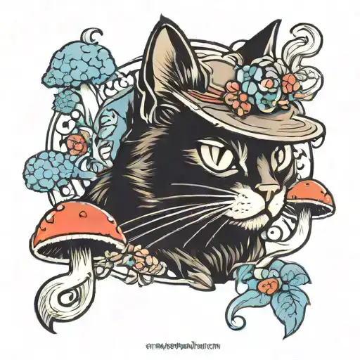 black cat with evil face with mushrooms tattoo design idea