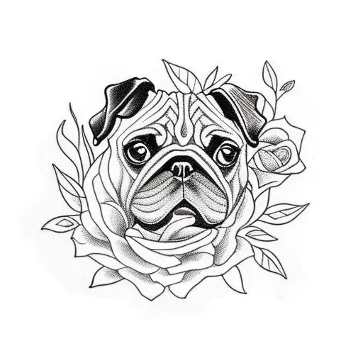 black pug in front of flowers and sunset tattoo design idea