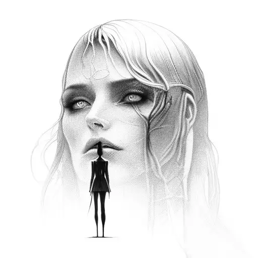 An intricate black and grey portrait of a character from The Dark Tower series tattoo design idea