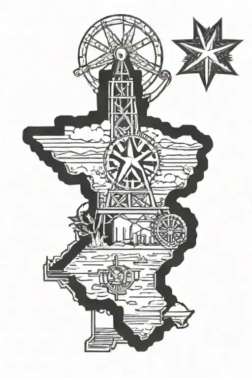 Texas state outline, oilfield landscape tattoo featuring tattoo design idea