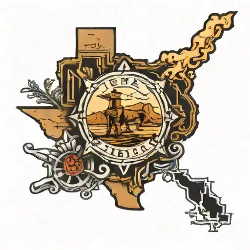 Texas state outline, firefighter emblem, oilfield landscape tattoo design idea