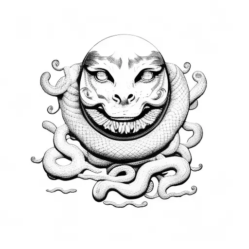 Medusa face with moon and cloud, snakes (medusa hairs) hugs cloud tattoo design idea