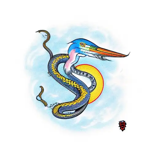 Heron with a snake wrapped around its body, with a red sun behind  tattoo design idea
