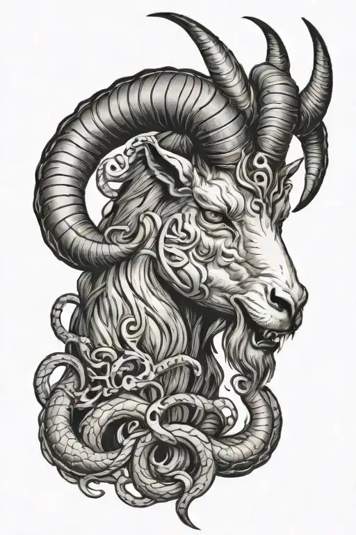 Create a demonized and angry goat, Add details of goat being bitten by snakes add a blank letter to tattoo design idea