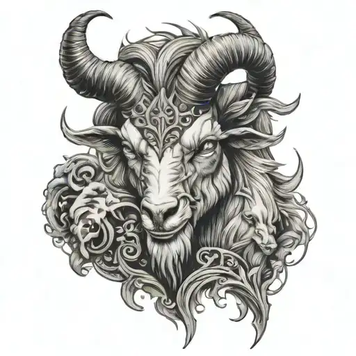 Create a demonized and angry goat, add details and surrounding details about him being shot in the back by his friends,  tattoo design idea