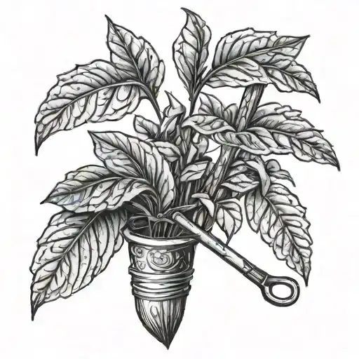 A tobacco plant intertwined with farming tools like a pitchfork and shovel tattoo design idea