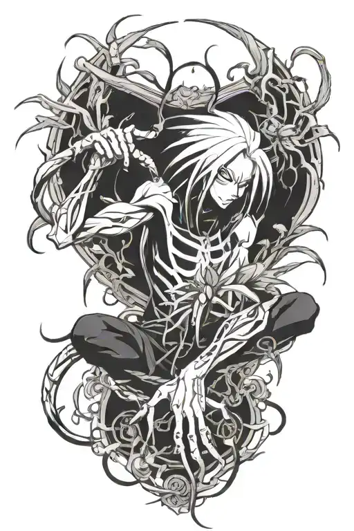 Full metal alchemist metal arm holding toko ghoul spider lily  tattoo design idea