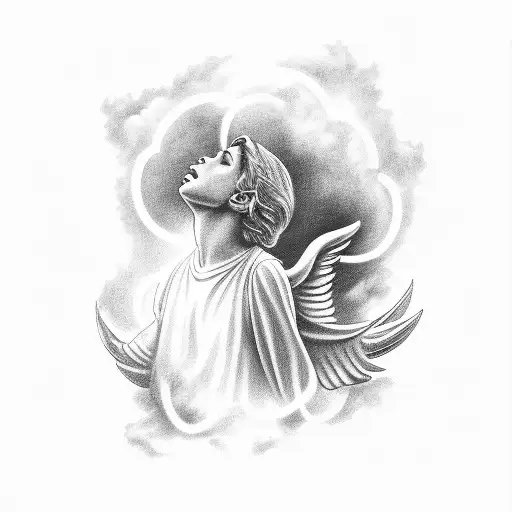 A majestic angel blowing a trumpet surrounded by clouds and rays of light tattoo design idea