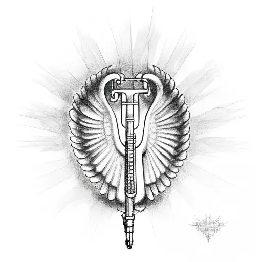 A detailed sketch of a trumpet with angel wings and a halo tattoo design idea