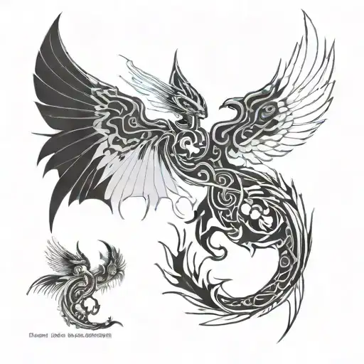Draw a sketch of a tattoo for the back. Three-headed creature with large wings: dragon, phoenix,  killer whale. tattoo design idea