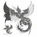 Draw a sketch of a tattoo for the back. Three-headed creature with large wings: dragon, phoenix,  killer whale. tattoo design idea