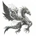 Draw a sketch of a tattoo for the back. Three-headed creature with large wings: dragon, phoenix,  killer whale. tattoo design idea