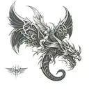 Draw a sketch of a tattoo for the back. Three-headed creature with large wings: dragon, phoenix,  killer whale. tattoo design idea