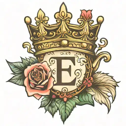 letter E crowned queen crown tattoo design idea