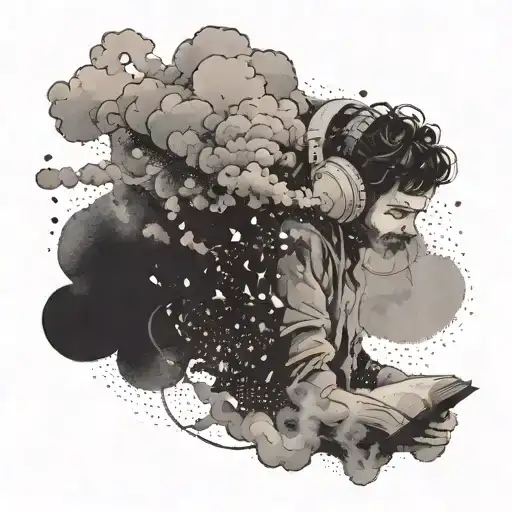 A person walking through a cloud of smoke with headphones on, lost in a book tattoo design idea